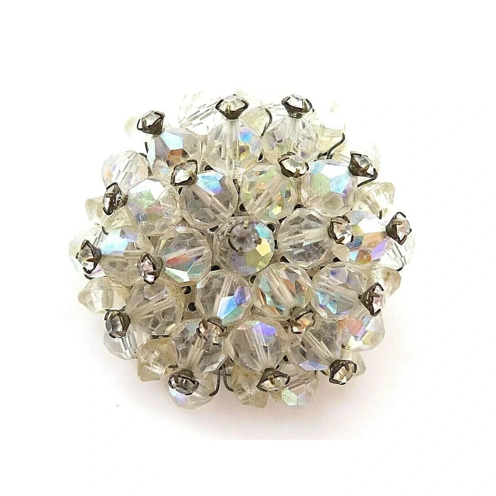 VINTAGE 1950'S CLEAR FACETED AB CRYSTAL & RHINESTONE‎ BEADED CLUSTER BROOCH PIN
